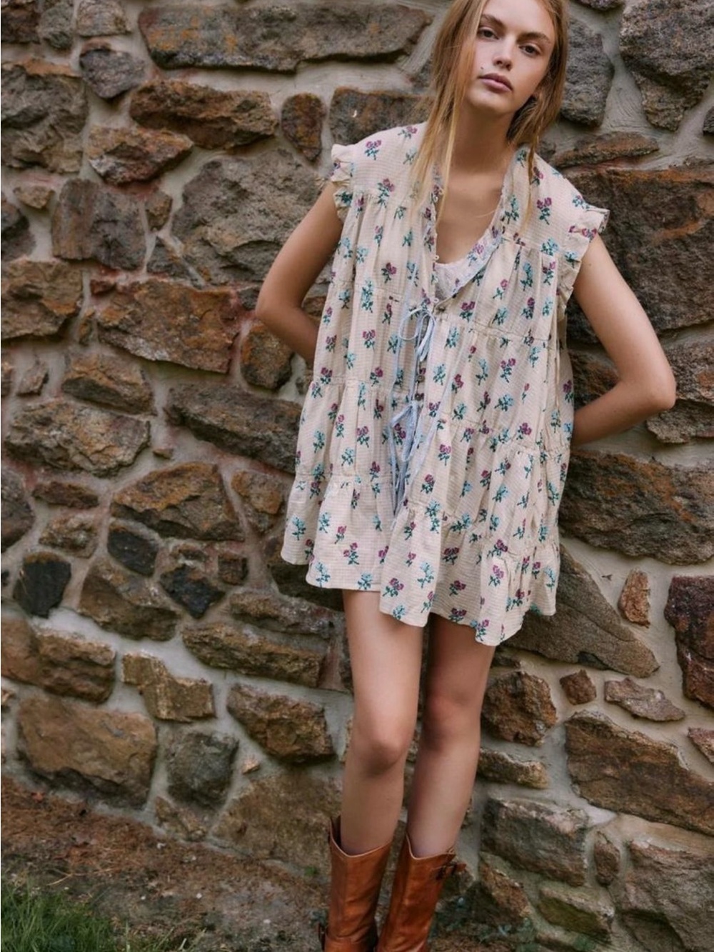 Free People Cream Sundown Floral Peasant Tunic Dress Size XS